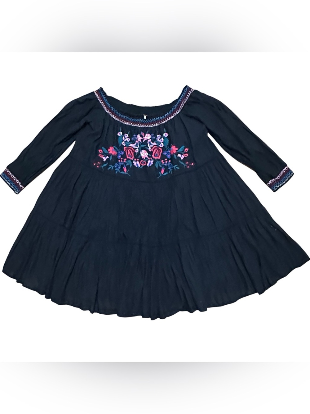 Free People Black Embroidered Boho Swing Mini Dress Tunic M